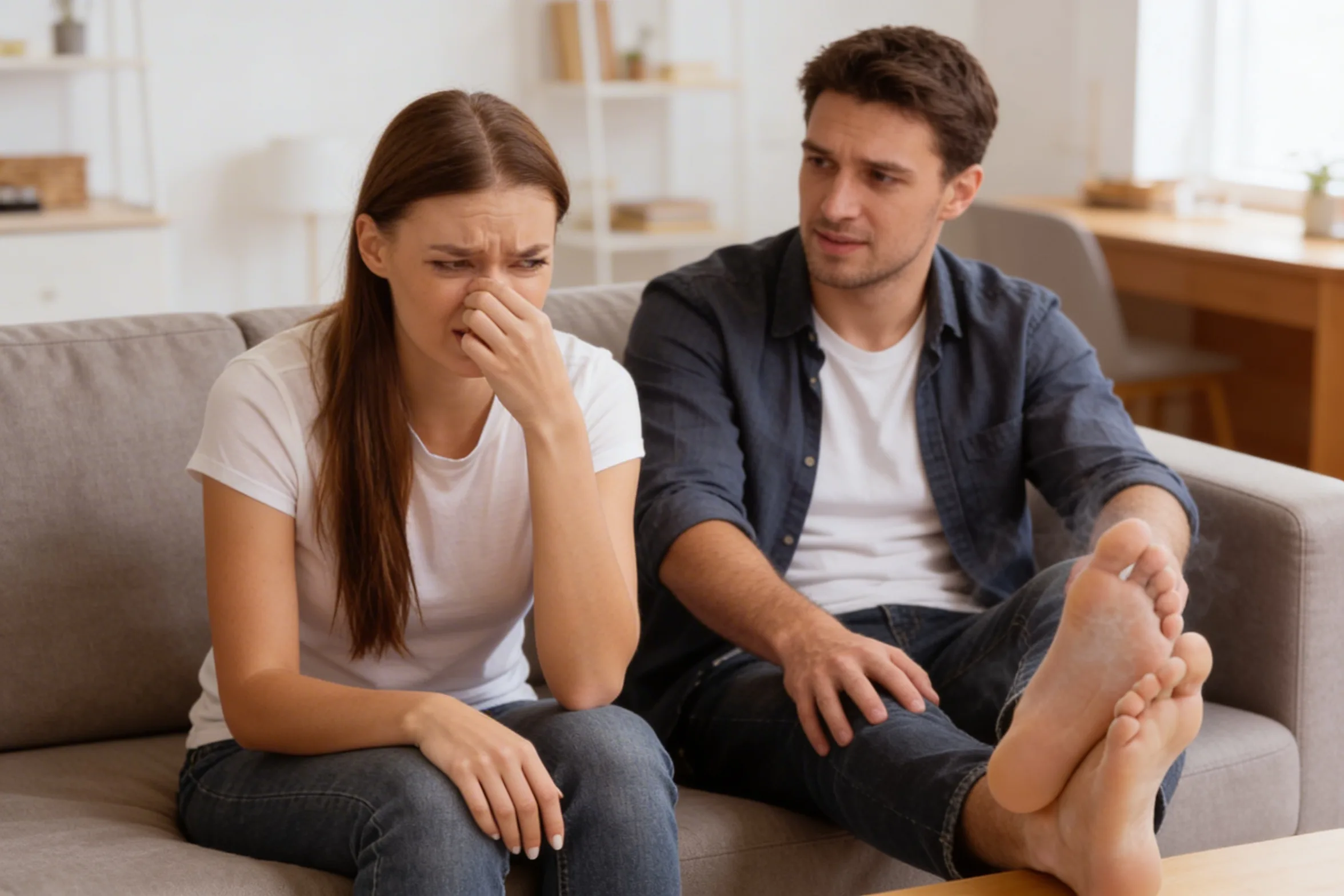Geurhinder door zweetvoeten bij een man en vrouw op de bank