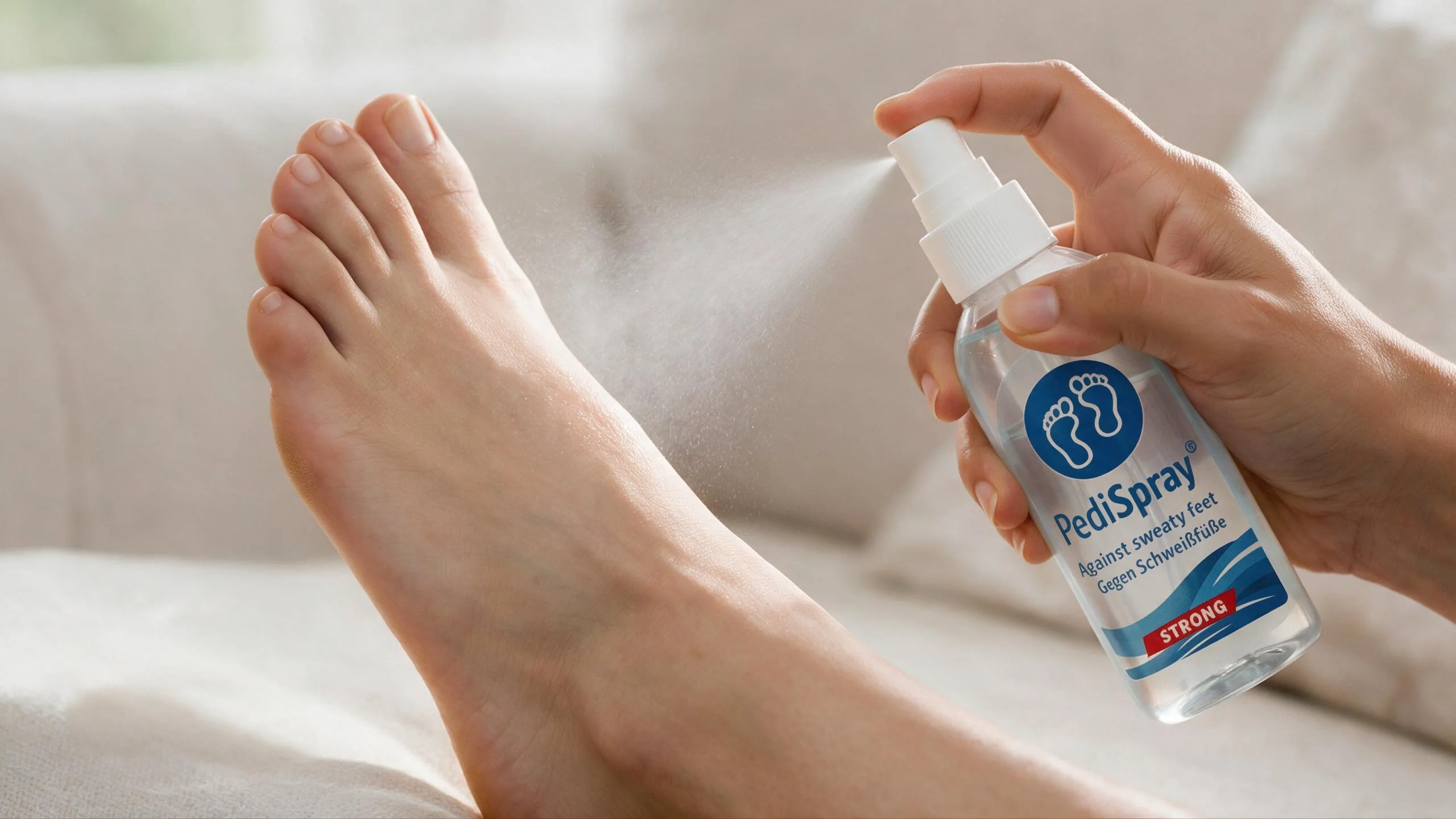 Voetdeodorant of anti-transpirant PediSpray® anti-transpirant aangebracht op schone droge voeten